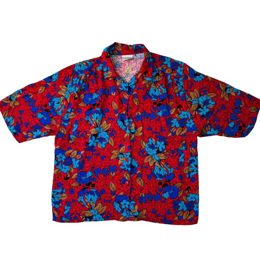 Vintage Promises Promises Red Blue Floral Button Front Blouse Made in USA L